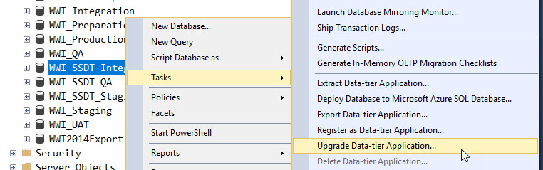 In Object Explorer, WWI_SSDT_Integration database is selected. Its right-click menu displays with Tasks, and Upgrade Data-tier Application selected.